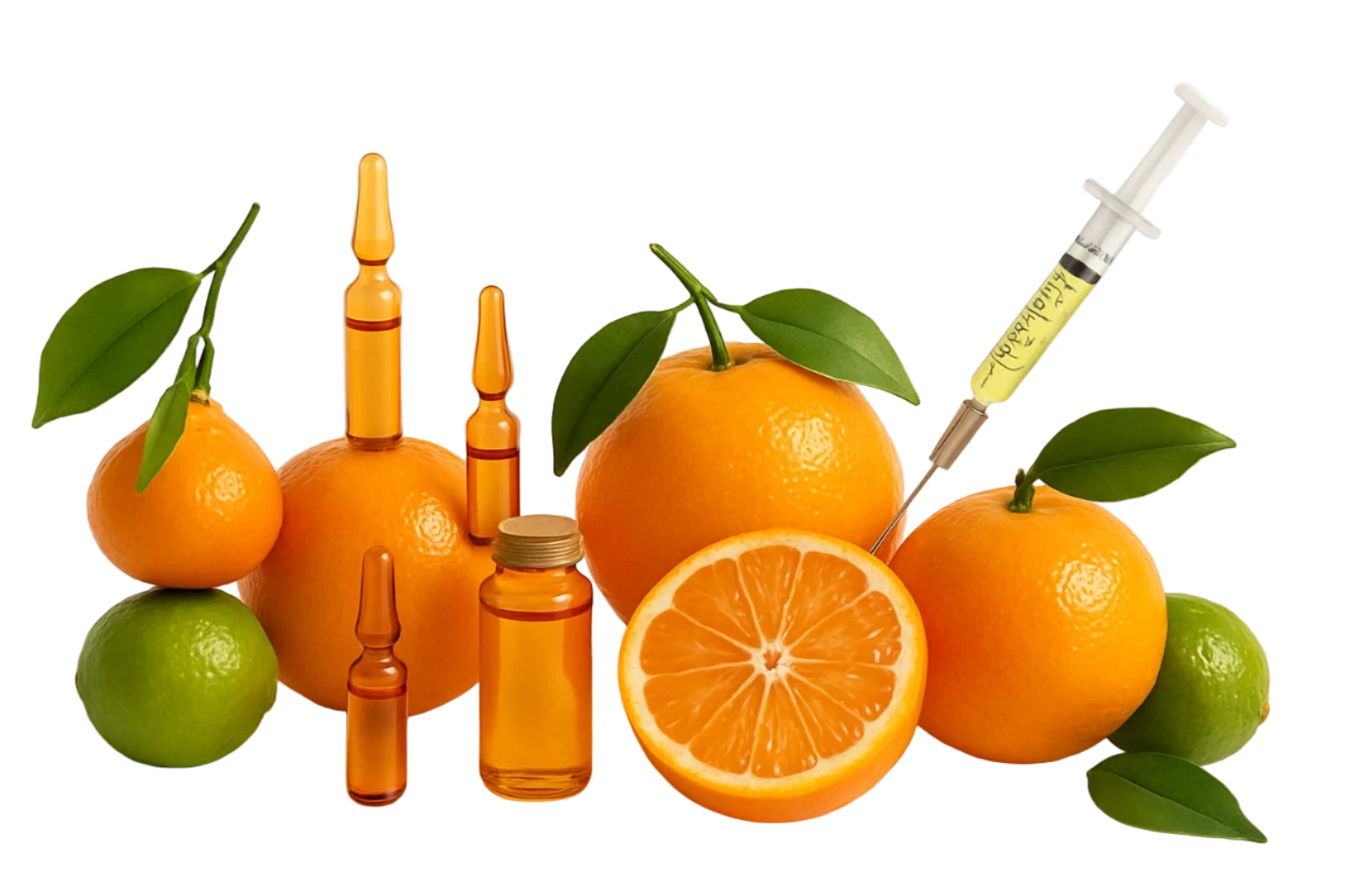 Oranges, vitamin bottles, and a syringe with a British flag on a white background